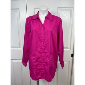 Joan Rivers Women's Tunic Button Up Shirt V-Neck Raspberry Long Sleeve Large